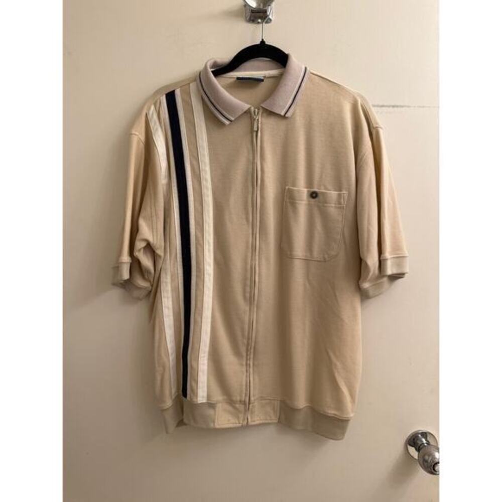 Greenline VTG 80s Retro Prep Collar Polo Stripe Golf Zip Shirt‎ Men Tan M/L